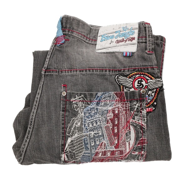 SIVE JUNGLE & CO Mens 36 Gray Y2K City Urban Jungle Embroidered Streetwear Jeans